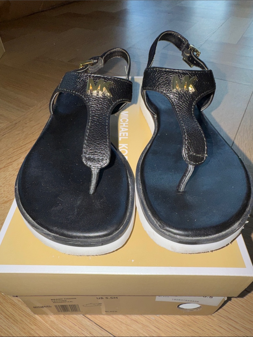 Michael Kors Black and White Platform Thong Sandals with Gold MK Hardware